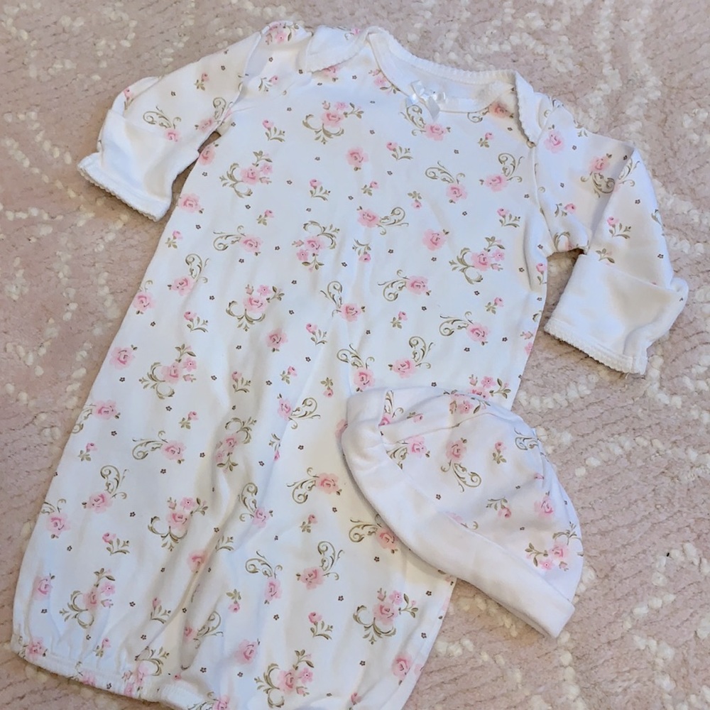 Floral newborn gown and matching hat
